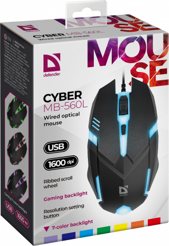 Мышь проводная DEFENDER Сyber MB-560L, USB, 7 цветов, 3 кнопки, черный (1/40) (52560) фото 6