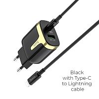Блок питания сетевой 1 USB, Type-C HOCO, C79A, Zeus, 3100mA, пластик, PD, QC3.0, кабель 8 pin, Type-C, цвет: чёрный