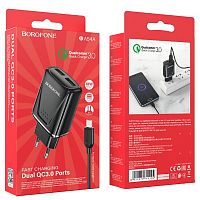 Блок питания сетевой 2 USB Borofone, BA54A, Wide, пластик огнестойкий, QC3.0, кабель микро USB, 1.0м, цвет: чёрный(1/35/140)