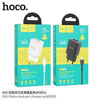 Блок питания сетевой 2 USB, HOCO N25 Maker, 3000mA, пластик, 2.1A, кабель 8 pin, цвет: белый (1/13/130)