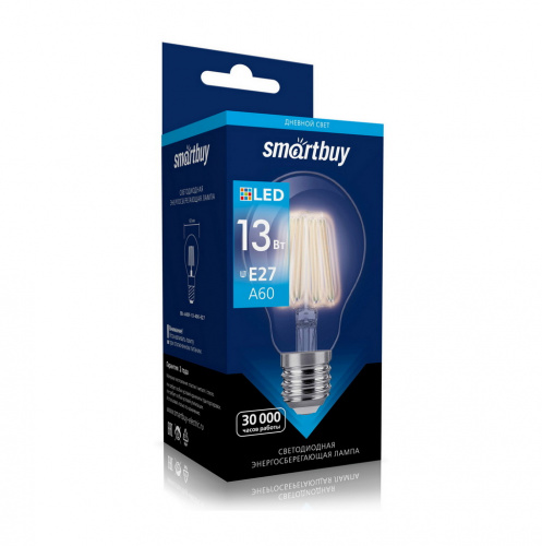 Лампа светодиодная SMARTBUY филамент A60 13Вт 4000K E27 (груша, нейтральный свет) (1/10) (SBL-A60F-13-40K-E27)