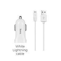 Блок питания автомобильный 2 USB HOCO Z2A, 2100mA, пластик, кабель 8 pin, цвет: белый(1/28/280) (6957531069553)