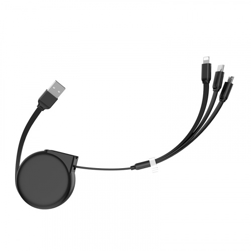 Кабель USB - 8 pin, Type-C, микро USB HOCO U50 Retractable, 1.0м, плоский, 2.0A, силикон, автосмотка, цвет: чёрный (1/30/180) (6957531093619) фото 4