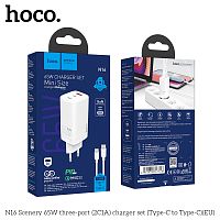 Блок питания сетевой 1 USB, 2 Type-C HOCO, N16, scenery, 2400mA, пластик, QC3.0, 65W, PD3.0, кабель Type-C, цвет: белый