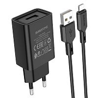 Блок питания сетевой 1 USB Borofone BA68A, Glacier, 2100mA, кабель  8 pin, цвет: чёрный (1/65/260)