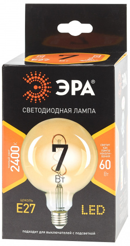 Лампа светодиодная ЭРА G95-7W-824-E27 spiral gold (филамент, шар спир зол, 7Вт, тепл, E27) (20/560) фото 3