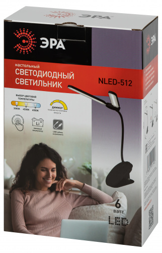 Светильник светодиодный ЭРА настольный NLED-512-6W-BK аккумуляторный на прищепке черный (1/48) (Б0057208) фото 5