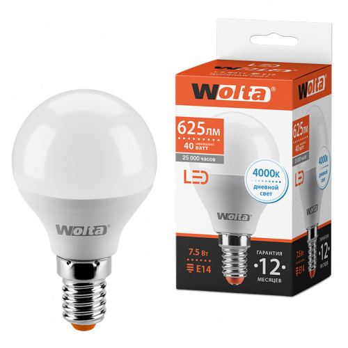 Лампа светодиодная WOLTA Шар G45 7.5Вт 4000К 625лм Е14 1/50 (25S45GL7.5E14)