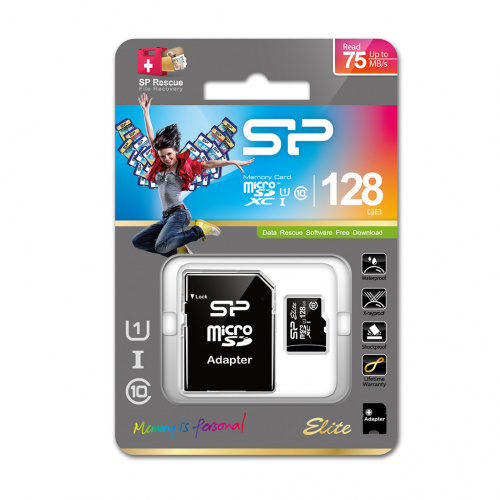 Карта памяти MicroSD  128GB  Silicon Power Class 10 Elite UHS-I (R/W 75/15 Mb/s) + SD адаптер (SP128GBSTXBU1V10SP)