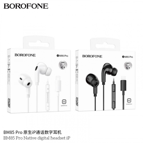 Наушники внутриканальные Borofone BM85 Pro Native, пластик, микрофон, кнопка ответа, регулятор громкости, 8 pin, 1.2 м, цвет: чёрный (1/67/268) (6941991105852)