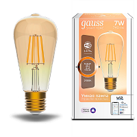 Лампа светодиодная GAUSS Smart Home, филамент, Wi-Fi и голосовое управление, програм-ние режимов, диммер, DIM E27 ST64 Golden 7 Вт 1/10/40 (1290112)