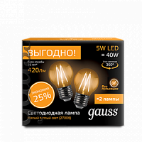 Комлект ламп светодиодных GAUSS "Филамент" Шар E27 5W 2700К (цена за упаковку=2шт) (1/50) (105802105P)