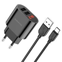 Блок питания сетевой 2 USB Borofone, BA63A, Richy, 2400mA, пластик, дисплей, кабель Type-C, 1.0 м, цвет: чёрный (1/210)