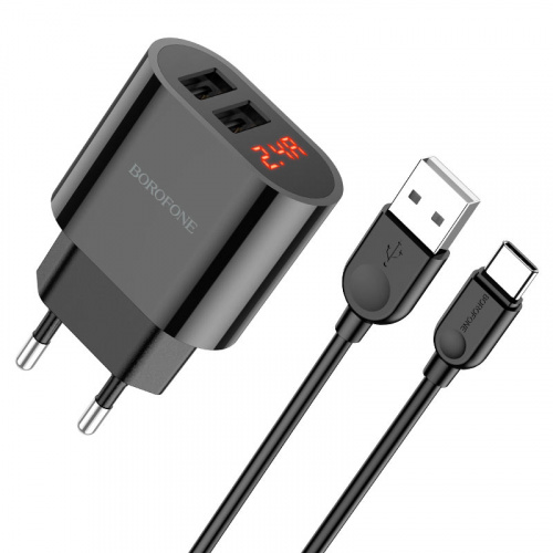 Блок питания сетевой 2 USB Borofone BA63A, Richy, 2400mA, пластик, дисплей, кабель Type-C, 1.0 м, цвет: чёрный (1/210) (6974443383119)