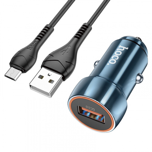 Блок питания автомобильный 1 USB HOCO Z46, Blue shield, QC, AFC, FCP, кабель USB - микро USB, 1.0м, цвет: синий (1/13/130) (6931474770301)
