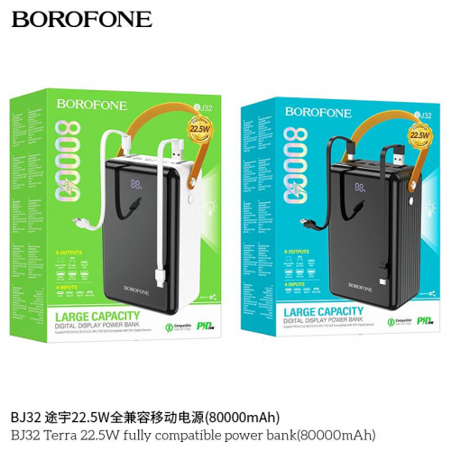 Мобильный аккумулятор Аккумулятор внешний Borofone BJ32 Terra, 80000mAh, пластик,  PD22,5Вт, 2 USB выхода, 2 Type-C, 3.0A, цвет: чёрный (1/10) (6941991100062)