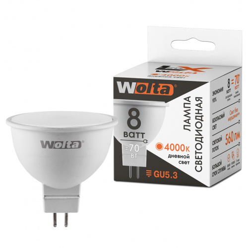 Лампа светодиодная WOLTA LX MR16 8Вт 4000К 560лм GU5.3 1/50 (30SMR16-220-8GU5.3)