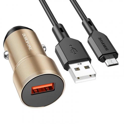 Блок питания автомобильный 1 USB Borofone BZ19A, Wisdom, 18Вт, QC3.0, кабель микро USB, цвет: золотой (1/94/376) (6974443387469)