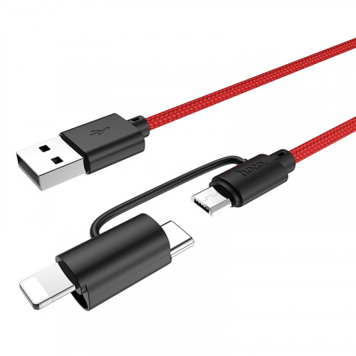 Кабель USB - 8 pin, Type-C, микро USB HOCO X41, 1.0м, круглый, 2.4A, нейлон, цвет: красный (1/50) (6931474714817) фото 3