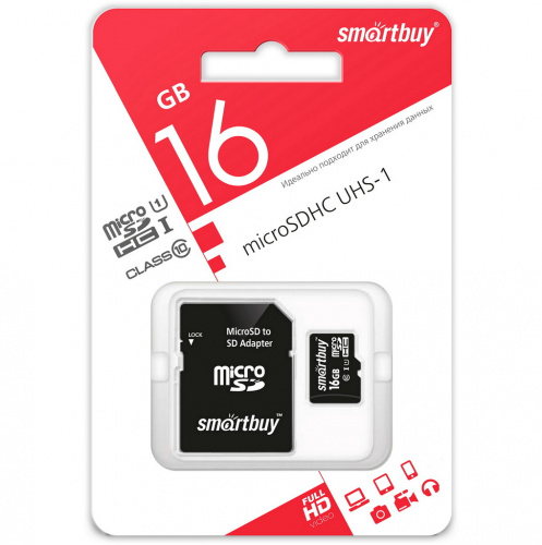 Карта памяти MicroSD  16GB  Smart Buy Class 10 UHS-I + SD адаптер (SB16GBSDCL10-01)
