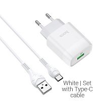 Блок питания сетевой 1 USB HOCO, C72Q, Glorious, 3A, пластик, QC3.0, кабель Type-C, цвет: белый(1/30/180)