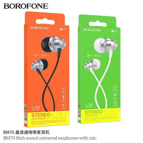 Наушники внутриканальные Borofone BM70 Rich, пластик, микрофон, кнопка ответа, 1.2 м, цвет: серебряный (1/76/304) (6974443385489)