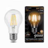 Лампа светодиодная GAUSS "Филамент" A60 E27 8W 2700К 1/10/40 (102802108)
