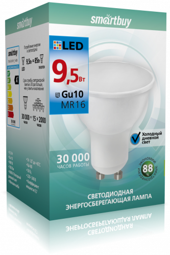 Лампа светодиодная SMARTBUY GU10 (MR16) 9,5Вт 6000K (холодный свет) (1/10/100) (SBL-GU10-9_5-60K)