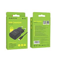 Блок питания сетевой 1 USB Borofone BA48A, Orion, 2100mA, пластик, кабель микро USB, цвет: чёрный (1/44/176) (6931474728364)