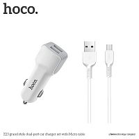 Блок питания автомобильный 2 USB HOCO, Z23, Grand Style, 2400mA, soft touch, кабель микро USB, белый(1/25/250)