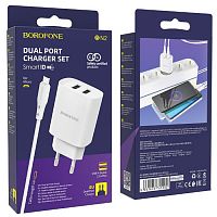 Блок питания сетевой 2 USB Borofone, BN2, 2100mA, пластик, кабель микро USB, цвет: белый(1/60/240)