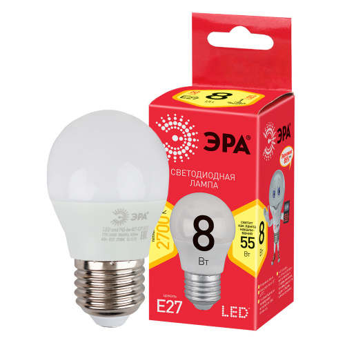 Лампа светодиодная ЭРА RED LINE LED P45-8W-827-E27 R Е27 / E27 8 Вт шар теплый белый свет (10/100/3600) (Б0053028) фото 2