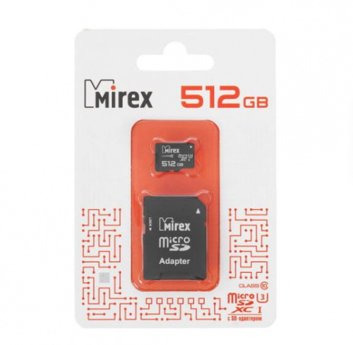 Карта памяти MicroSDXC  512GB  Mirex Class 10 UHS-I, U3 + SD адаптер (13613-AD3UH512)