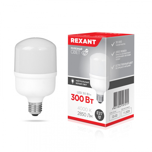 Лампа светодиодная REXANT высокомощная 30 Вт E27 с переходником на E40 2850 Лм 4000 K нейтральный свет (1/20) фото 2