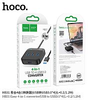 USB-концентратор HOCO HB31, пластик, 4 USB 3.0 выхода, кабель USB 0,2м, цвет: чёрный (1/19/190) (6931474784865)