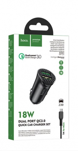 Блок питания автомобильный 2 USB HOCO Z39 Farsighted, пластик, кабель микро USB, цвет: чёрный (6931474735065)