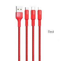 Кабель USB - 8 pin, Type-C, микро USB HOCO X26 Xpress, 1.0м, круглый, 2.1A, ткань, цвет: красный (1/30/300)