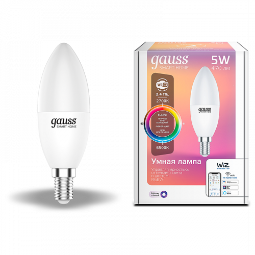 Лампа светодиодная GAUSS Smart Home, Wi-Fi и голосовое управление, програм-ние режимов, диммер, RGBW E14 C37 5 Вт 2700-6500K 1/10/100 (1190112)