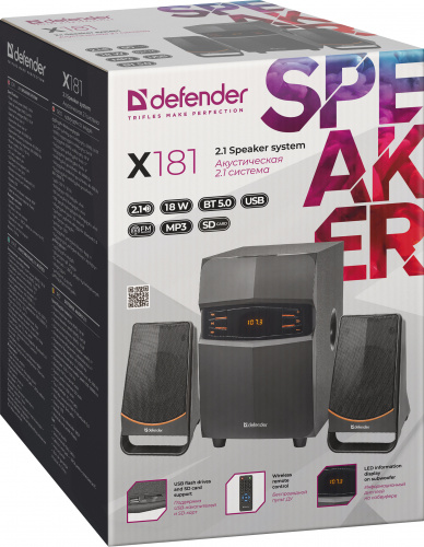 Акустическая система DEFENDER 2.1 X181, черный, 18Вт, BT/FM/MP3/SD/USB/LED/RC (1/4) (65181) фото 9