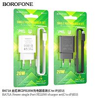 Блок питания сетевой 1 Type-C Borofone BA71A Power, пластик, PD20Вт, кабель 8 pin, QC3.0, цвет: чёрный (1/75/300)