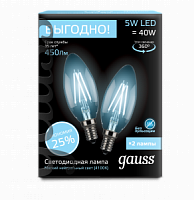Комлект ламп светодиодных GAUSS "Филамент" Свеча E14 5W 4100К (цена за упаковку=2шт) (1/50) (103801205P)