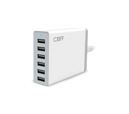 СЗУ CBR Box White 6*USB: 5V,2.4A (10A max.), 50W max., Input: 100–240V, защита от короткого замыкания и перенапряжения, сетевой кабель 1,6м (1/50)