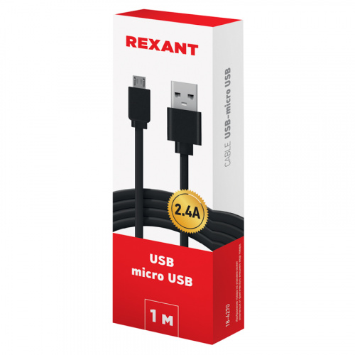 Кабель USB-micro USB/2,4A/PVC/black/1m/REXANT (10/500) (18-4270) фото 3