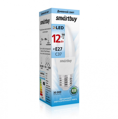 Лампа светодиодная SMARTBUY C37 12Вт 4000K E27 (нейтральный свет) (1/10/100) (SBL-C37-12-40K-E27)