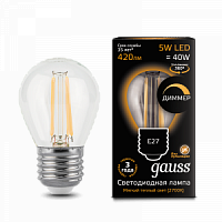 Лампа светодиодная GAUSS Filament Шар 5W 420lm 2700К Е27 диммируемая 1/10/50 (105802105-D)