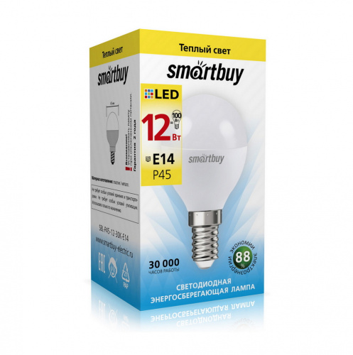 Лампа светодиодная SMARTBUY P45 12Вт 3000K E14 (теплый свет) (1/10/100) (SBL-P45-12-30K-E14)
