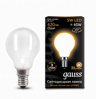 Лампа светодиодная GAUSS Filament Шар 5W 420lm 2700К Е14 milky 1/10/50 (105201105)