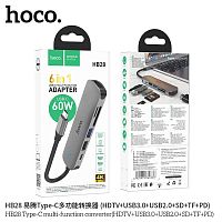 USB-концентратор HOCO HB28, металл, HDTV, USB2.0, USB3.0, SD, TF, PD60Вт, кабель Type-C 0,13м, цвет: серый (1/18/180) (6931474769336)