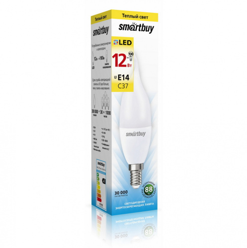 Лампа светодиодная SMARTBUY C37 12Вт 3000K E14 (свеча на ветру, матовая, теплый свет) (1/10/100) (SBL-C37Can-12-30K-E14)